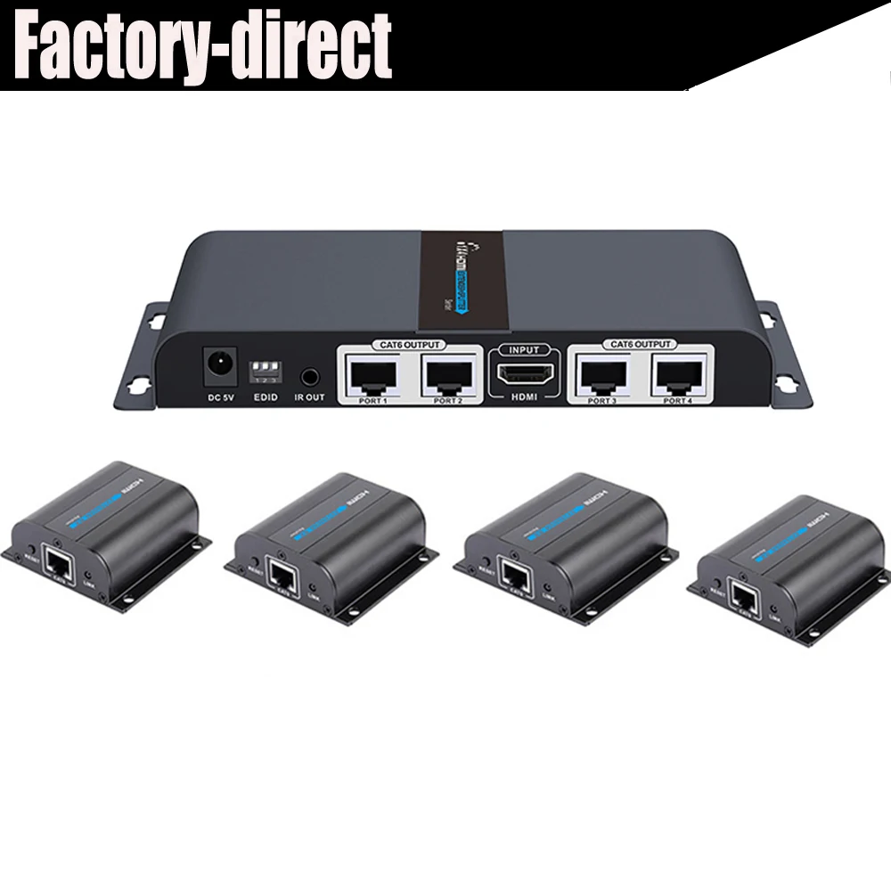 

LKV714 4-port HDMI extender UTP Splitter 1X4 by cat5e/6 cable up to 131ft 40m(one sender&4 receivers included)