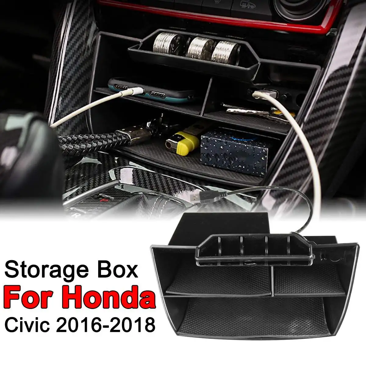 

Auto Accessory Middle Control Container Storage Box Cover Kit For Honda For Civic 2016-2018 With USB Extension Cable
