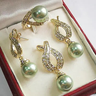

Natural 12mm Green Shell Pearl Pendant Necklace Earrings Ring Set ^^1>18K gold plated watch Quartz stone CZ crystal