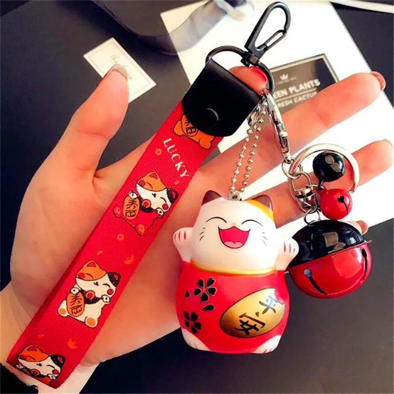 

Hot Red Maneki Neko Fortune Lucky Beckoning Cat Bell Keyring Keychain Key Ring