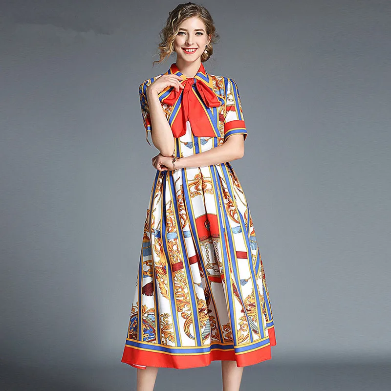 

2018 New arrival women Printed short sleeves Long Dress Vintage Runway Summer Dress