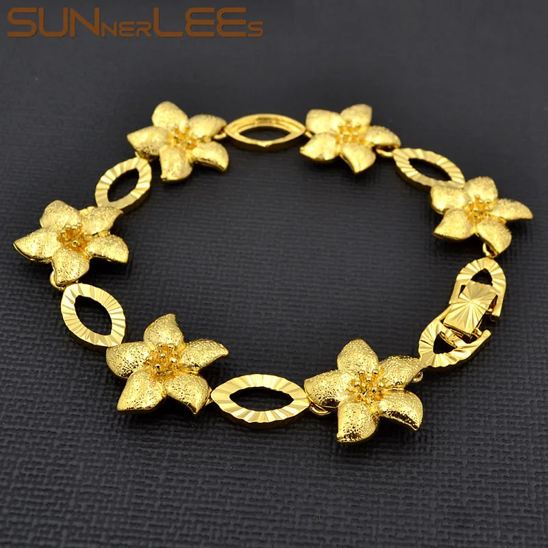 

SUNNERLEES Fashion Jewelry Flowers Link Chain Gold Color Bracelet For Womens Girls C102