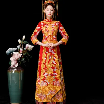 

Traditional Asian Bridal Dress Chinese Style Ancient Women Wedding Qipao Marriage Suit Classic Embroidery Phoenix Cheongsam