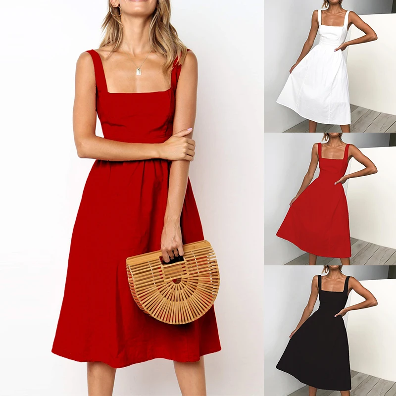 Women Simple Solid Color Dress Women Strapless Spaghetti Strap Fashion Vestidos Dresses Elegant Ladies Party Causal Summer Dress