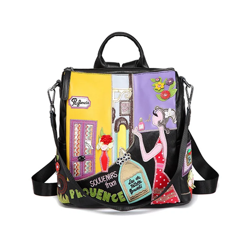 

Cartoon Bag Leather Embroidery Cute Backpack Women Fashion Cartoon Backpack Black Women 2019 Summer Bag New