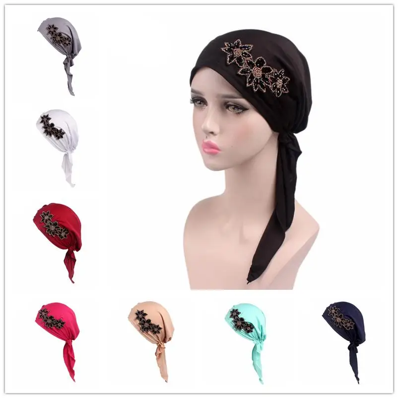 

12PCS Women Muslim Hijab Cap Stretch Arab Turban Hat Chemo Hair Loss Cap Head Wrap Cap Headwear Headscarf Flower Random Color