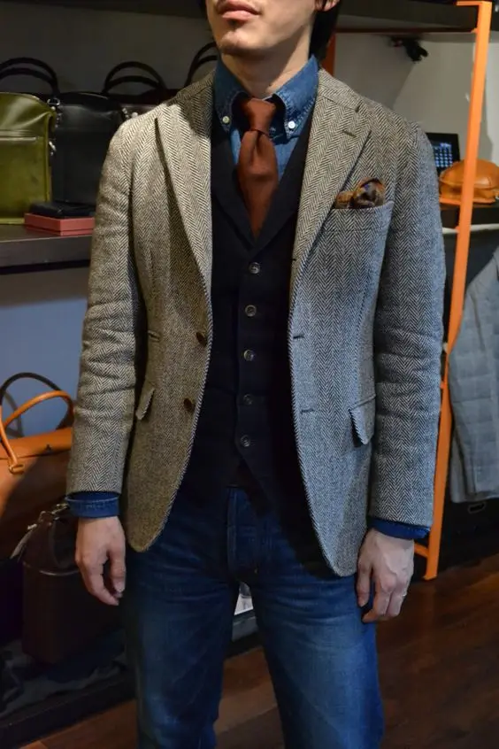 2018 tailored vintage gris mens Tweed traje/trajes de boda