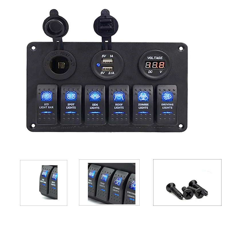

6 Gang Boat Rocker Switch Panel 12V Fuse 3.1A Dual USB Socket Digital Voltmeter 12V Cigarette Lighter for Marine Car Truck Auto