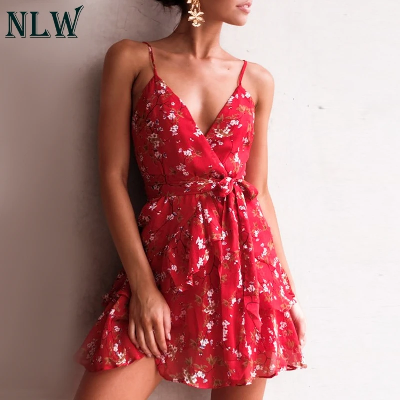 NLW Elegant Red Print Short Dress Women 2019 Summer Sexy Strap V Neck Backless Dress Holiday A-Line Bow Chiffon Dress Vestidos NLW Elegant Red Print Short Dress Women 2019 Summer Sexy Strap V Neck Backless Dress Holiday A-Line Bow Chiffon Dress Vestidos