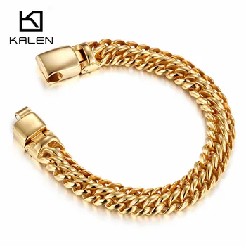 

KALEN 21.5cm Link Chain Bracelet For Men Gold Stainless Steel 12mm Width Curb Cuban Link Chain Bracelet Wristband Male Jewelry
