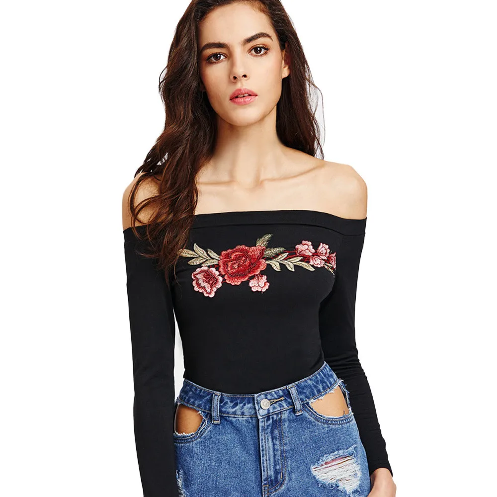 Women Appliques Tshirt Women Long Sleeve Off Shoulder Tops Fashion