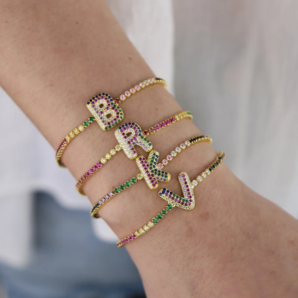 

hot sale 26 initial charm bracelet with rainbow cz paved adjust bracelet colorful cz tennis bracelet bangle with letter custom