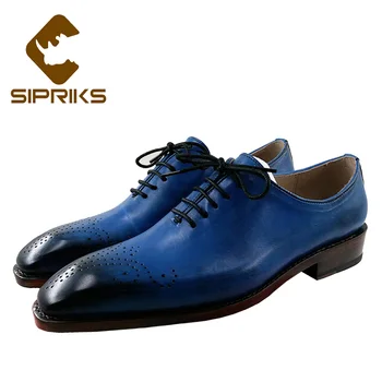 

Sipriks Luxury Mens Goodyear Welted Shoes Calf Leather Blue Tuxedo Shoe Carved Dress Oxfords Patina Leather Social Boots 2020