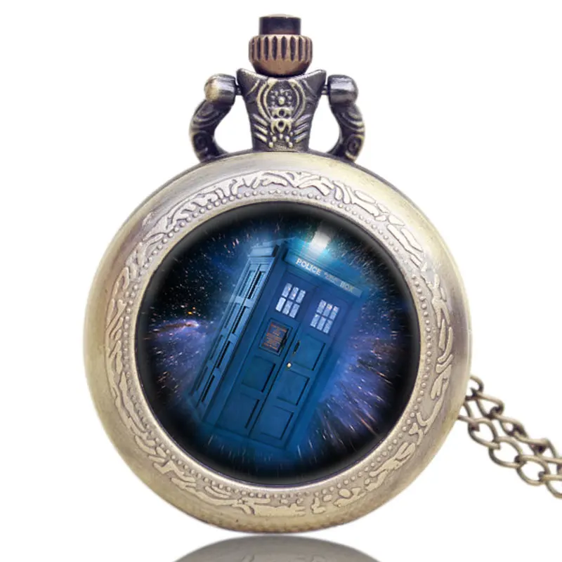 

Vintage Steampunk Doctor Who TARDIS Quartz Pocket Watch Necklace Long Chain For Women Mens Gift