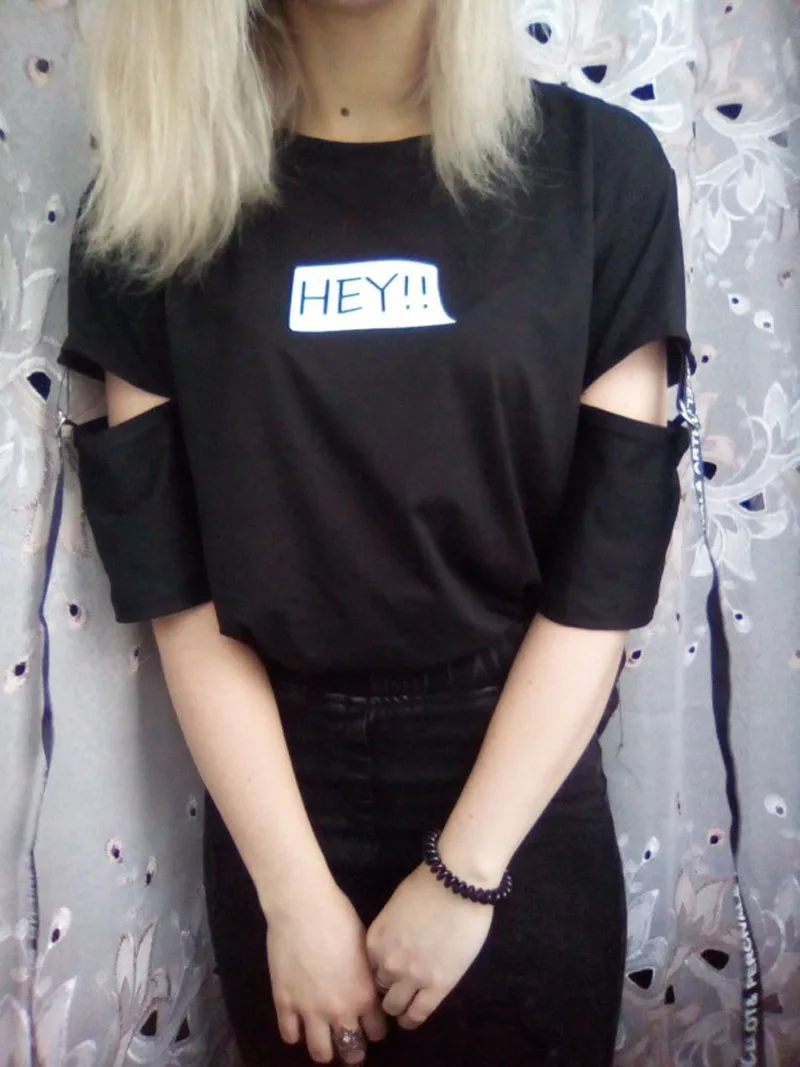 Летняя женская футболка в Корейском стиле Харадзюку с надписью «Hey Alphabet», студенческие топы с короткими рукавами и отверстиями, модные футболки ZO9