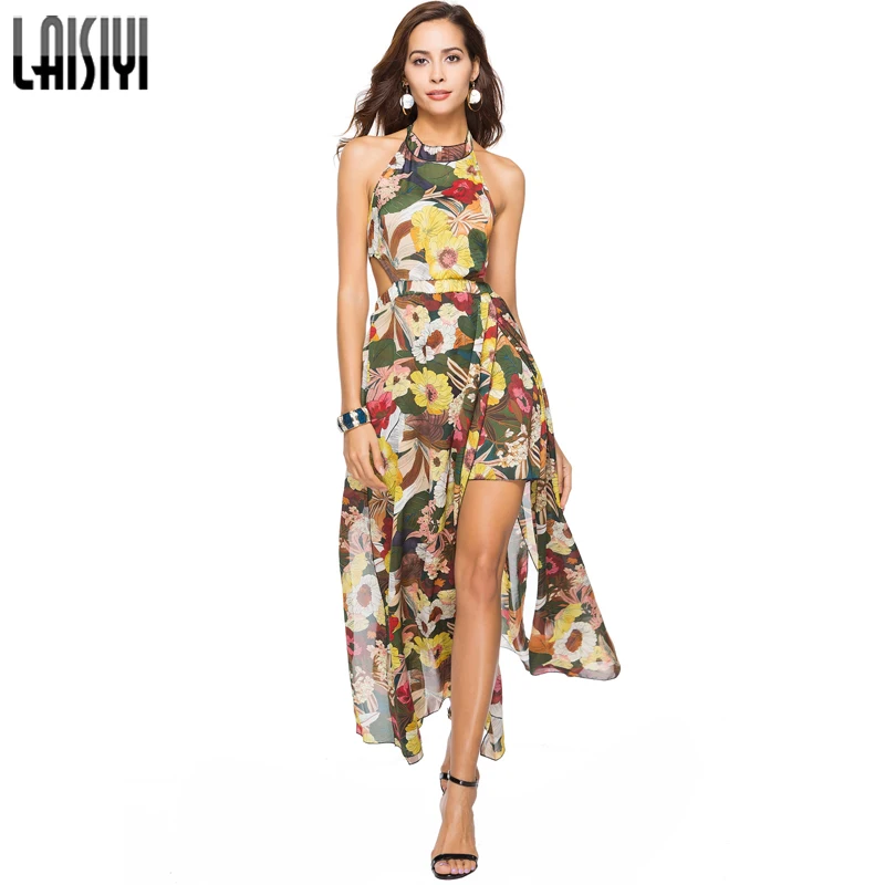 Laisiyi Elegant Chiffon O-neck Print Bandage Butterfly Sleeve Pleated Dress