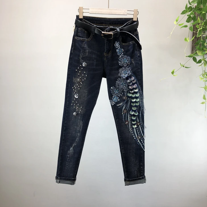 Модные Эластичные Обтягивающие джинсы-карандаш из эластичной ткани с отделкой бисером и блестками, большие размеры 25-31