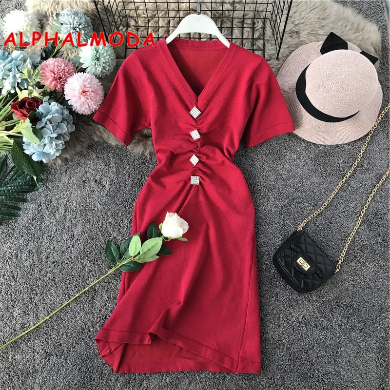 

ALPHALMODA V-collar Buttons Folded Slim Waist Ladies Summer Vintage Knit Dress Short-sleeved French Graceful Knit Vestidos