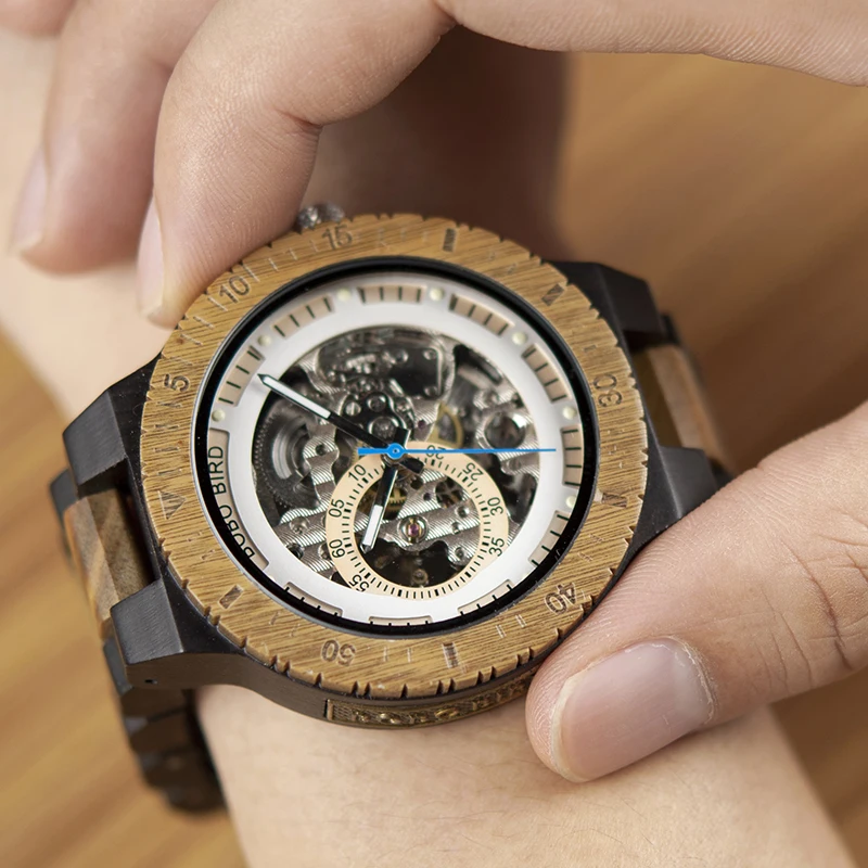 BOBO BIRD Wooden Mechanical Watch Men Luxury Retro Design Case With Gold Label Beside Automatic and Multi-Functional Wristwatch