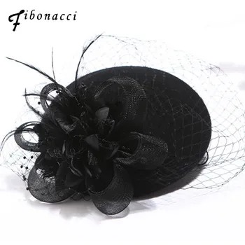

Fibonacci Wedding Headdress Female Fedoras Wool Felt Hat Stereoscopic Net Yarn Floral Dome Fedora Hats for Women