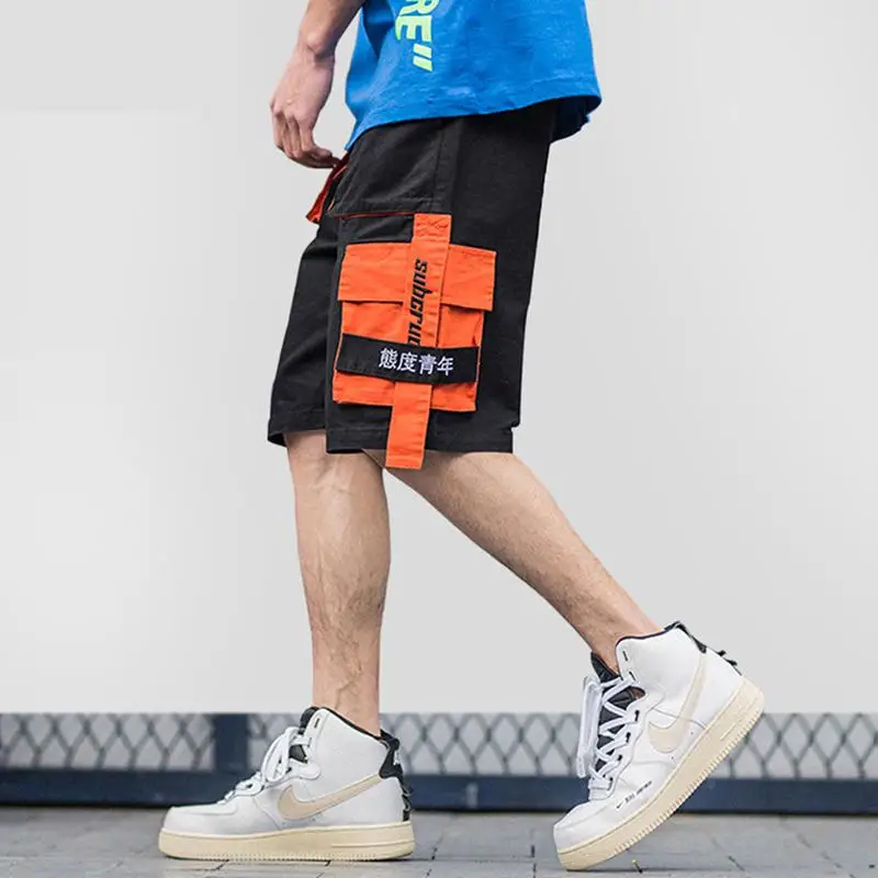 Summer Harajuku Cargo Shorts Kanji Hip Hop Short Streetwear Men Short Pocket Cotton Jogger Sweatpant Casual Black Patchwork