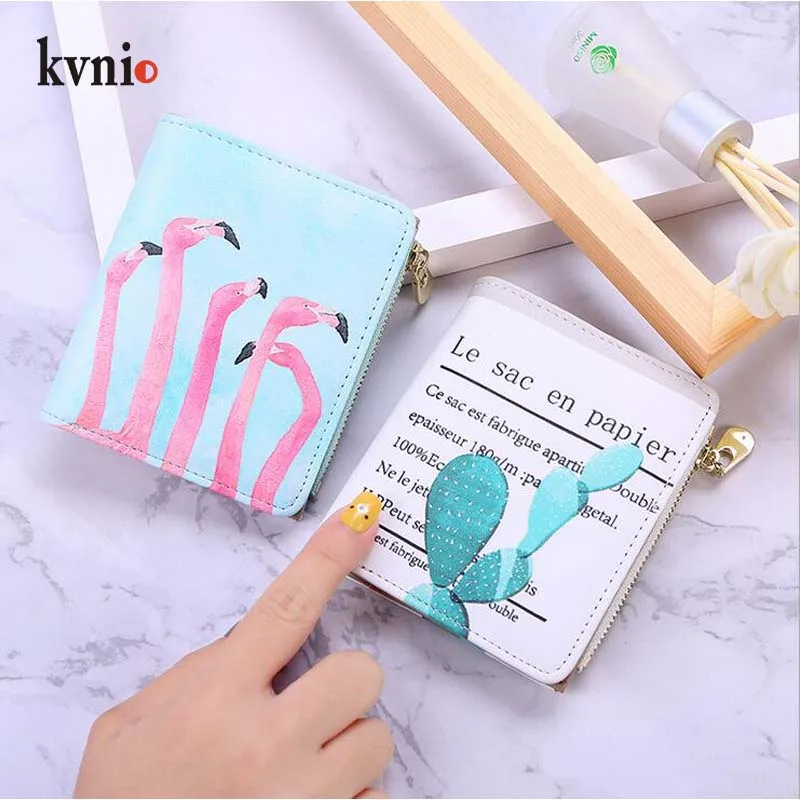 

KVNIO Fashion Mini Student Short Wallet Green Plant Print Fold Wallet Women Men Unisex Purse Card Bags With Zipper Coin Packet