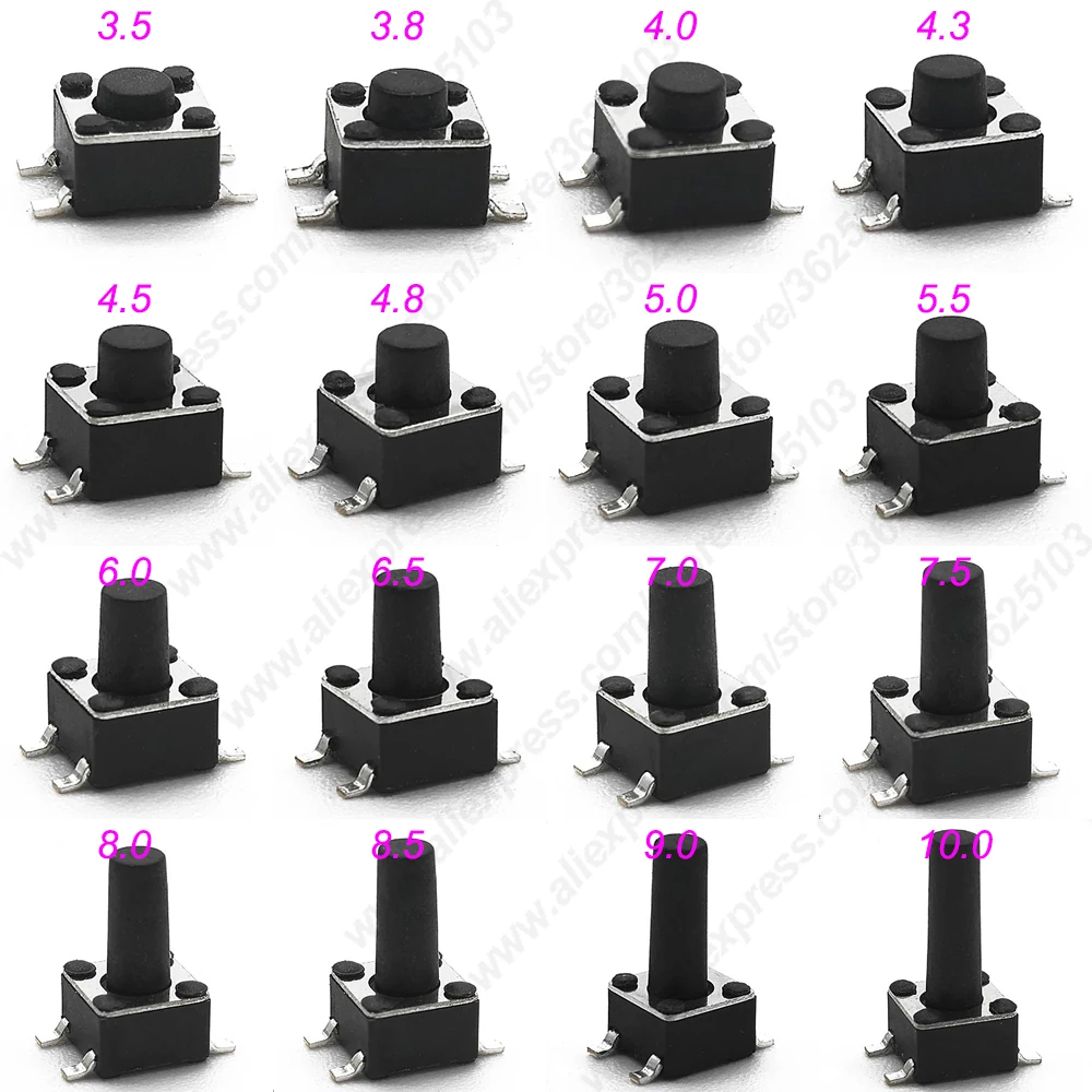 

50PCS/LOT SMD 4.5X4.5X3.5/3.8/4.0/4.3/4.5/4.8/5/5.5/6/6.5/7/8/10MM Tactile Tact Push Button Micro Switch Momentary Push Button
