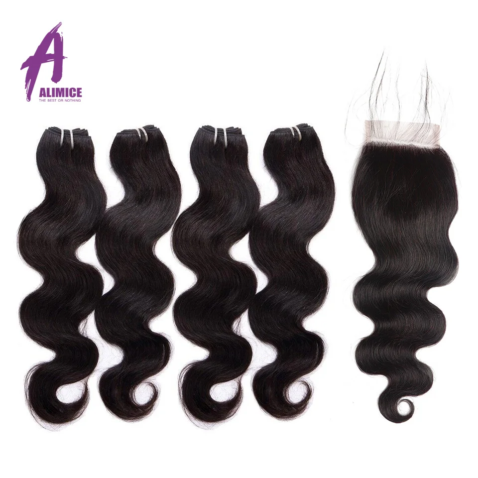 Alimice Brazilian Hair Body Wave 4Bundles With Closure Human Hair Bundles With Closure Human Hair Extensions 50gBundle 5PcsLot (7)