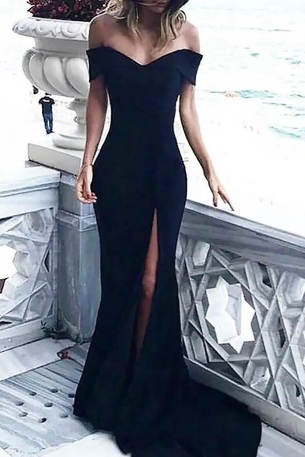Черные вечерние платья элегантные платья с v-образным вырезом и открытыми плечами с длинным разрезом Русалка с коротким шлейфом для официального торжества выпускного вечера платья robe de soiree - Цвет: Черный