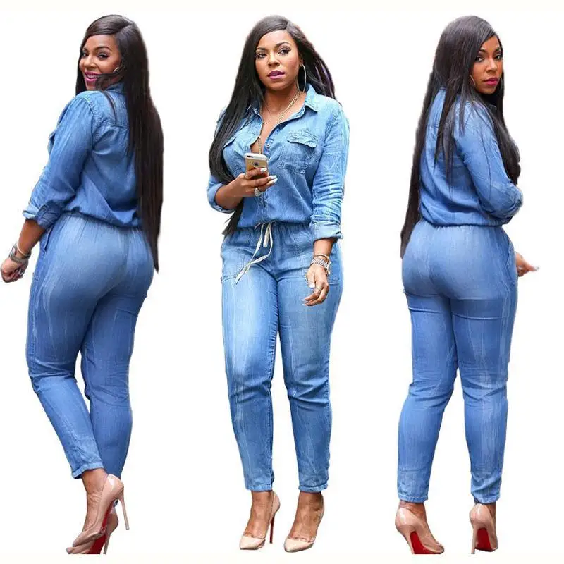 2017 printemps Nouveau Mode Femmes Manches Longues Jeans Salopette Beau profonde V Avec Botton Barboteuses Pleine