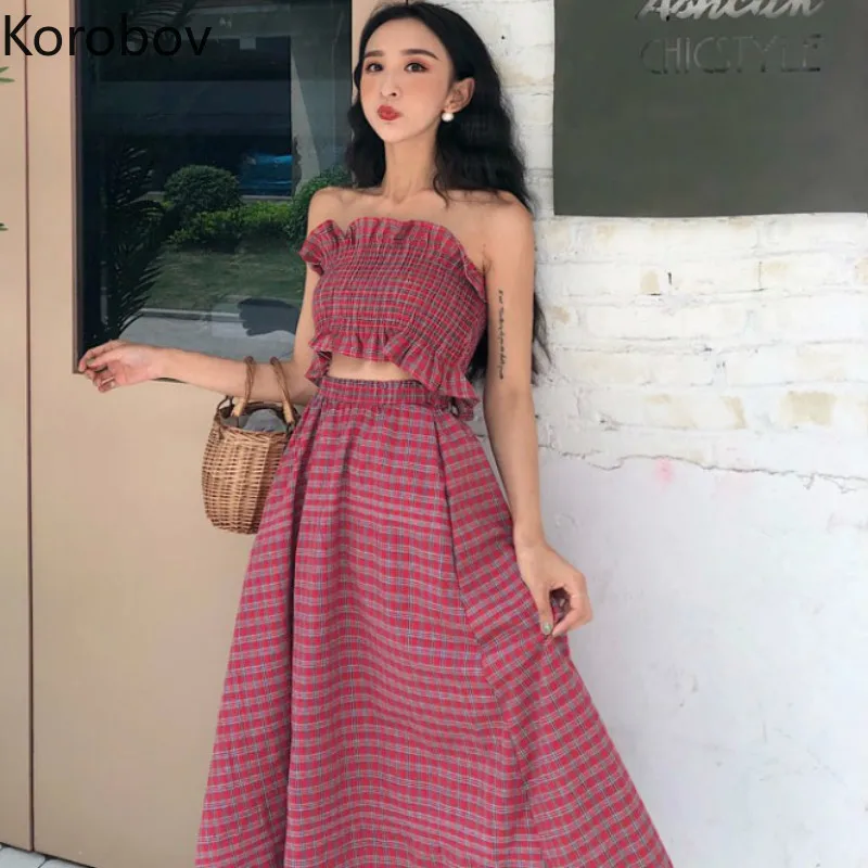 

Korobov Bohemian Plaid Long Skirt Two Piece Set for Women Summer Beach Slash Neck Off Shoulder Short Shirts + Skirts Sets 77713