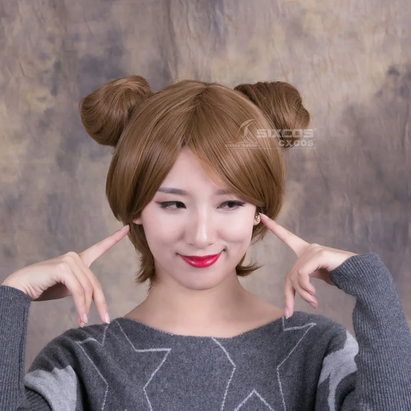 35cm Light Brown Short Hair Wig Clamp Clip On Two Buns Balls Full