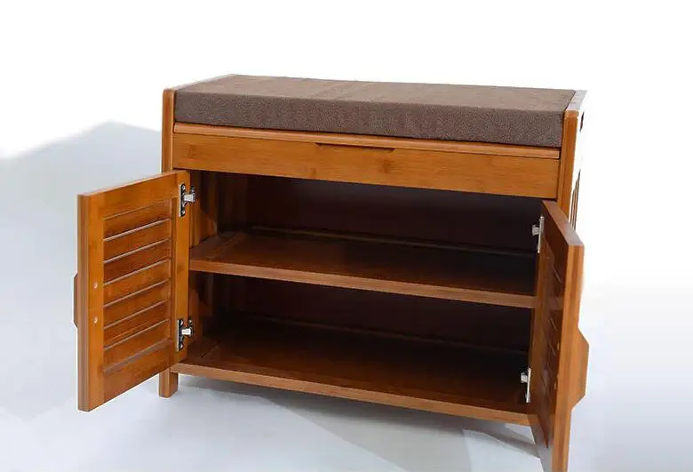 Bamboo Furniture 2 Doors Shoe Cabinet with Drawer & Removable Seat Cushion Shoe Cabinet Storage Unit Bench Entryway Organizer
