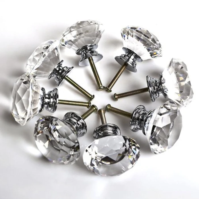 40mm Diamond Faceted Clear Crystal glass Knob Cupboard Drawer