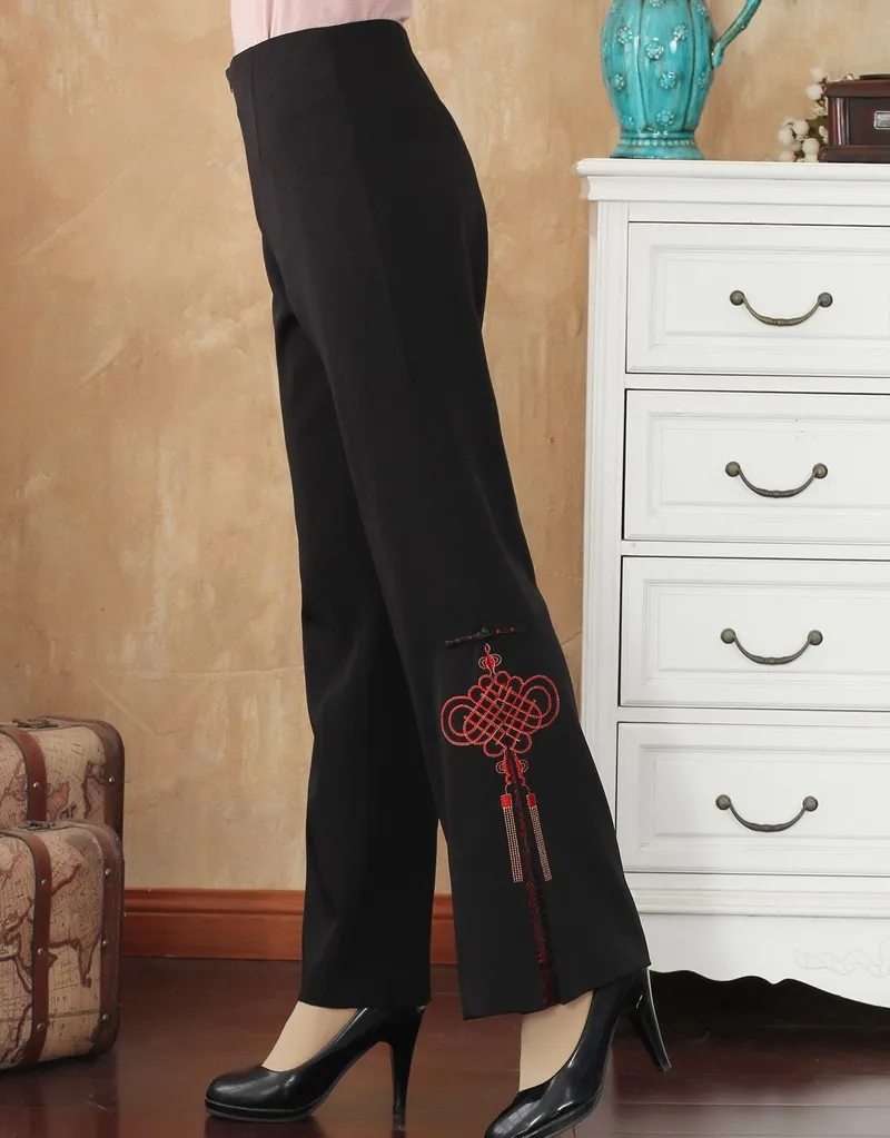 Осенне-зимние черные китайские женские расклешенные брюки с вышивкой и цветочным рисунком, брюки средней талии, большие размеры, M L XL XXL 3XL 4XL 2513-3