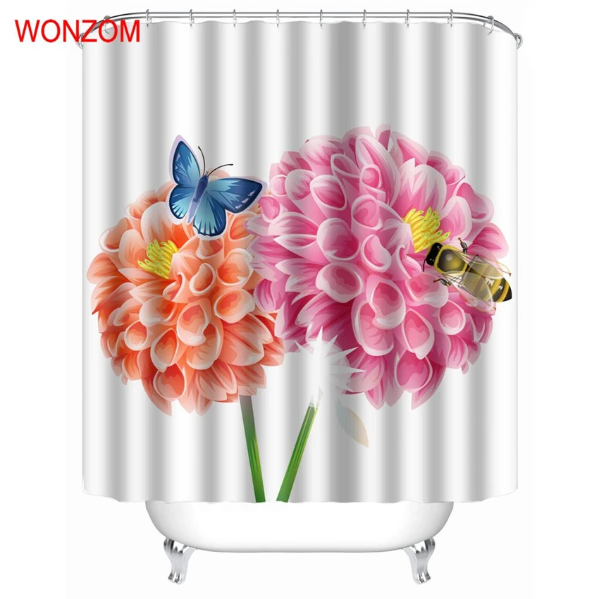 

WONZOM Modern Polyester Butterfly Flower Waterproof Shower Curtains For Bathroom Fabric Elegant Bath Curtain With Hooks Gift