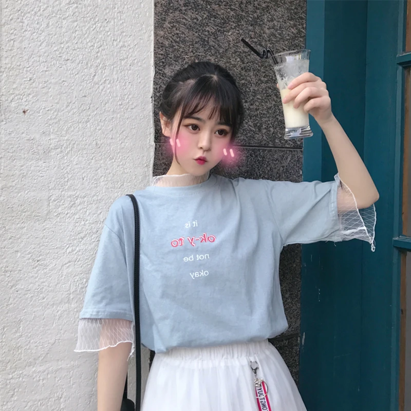 Blue ZSIIBO Футболка женская одежда корейский стиль Ulzzang Harajuku сетки лоскутное Поддельные 2 шт. короткий рукав одежда женская футболка Топы - Цвет: Blue