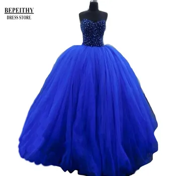 2016 Custom Made Sweetheart Tulle Floor-Length Beads Sequins Ball Gown Royal Blue Quinceanera Dress