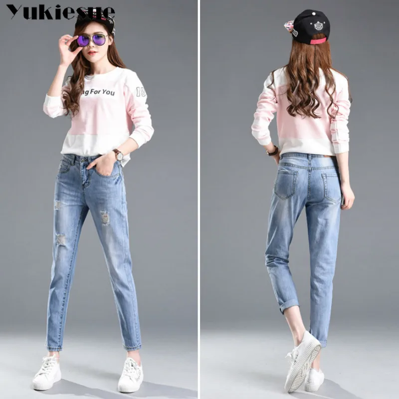 2018 Autumn High Waist mom jeans Female Boyfriend Jeans For Women Trousers Woman Pencil Pants Denim Ripped Jeans Plus Size