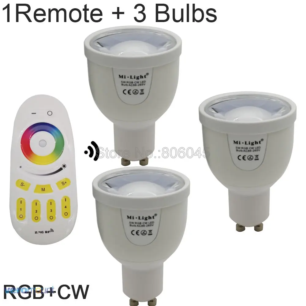 AC86-260V 2,4G GU10 5W RGBCW или RGBWW WiFi Светодиодный точечный светильник Milight FUT018 2,4G беспроводной пульт дистанционного управления/управление через WiFi - Испускаемый цвет: 1Remote 3Bulb CW