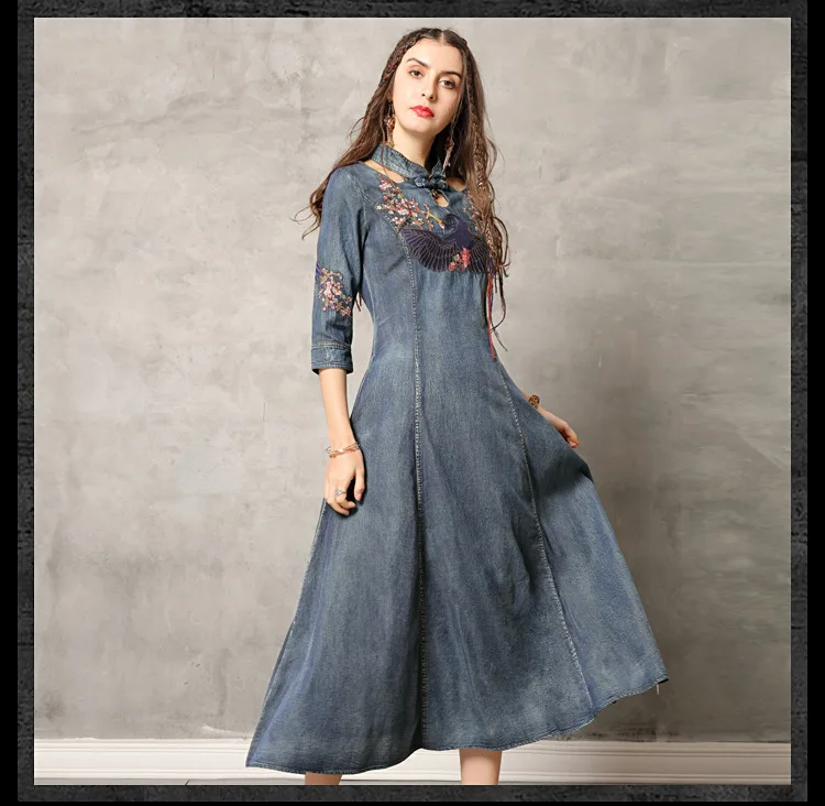 Винтажное джинсовое платье, женские длинные джинсовые платья трапециевидной формы с цветочной вышивкой и воротником-стойкой