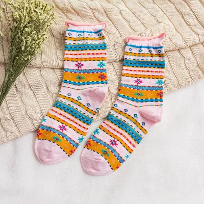 Зимние женские утепленные хлопковые носки в стиле ретро, длинные носки в этническом стиле, мягкие теплые носки - Цвет: Розовый