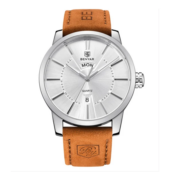 

BENYAR Leather Strap Double Calendar Fashion Quartz Watch Luxury Brand Men's Watch 30M Waterproof Casual Watch Male watch white