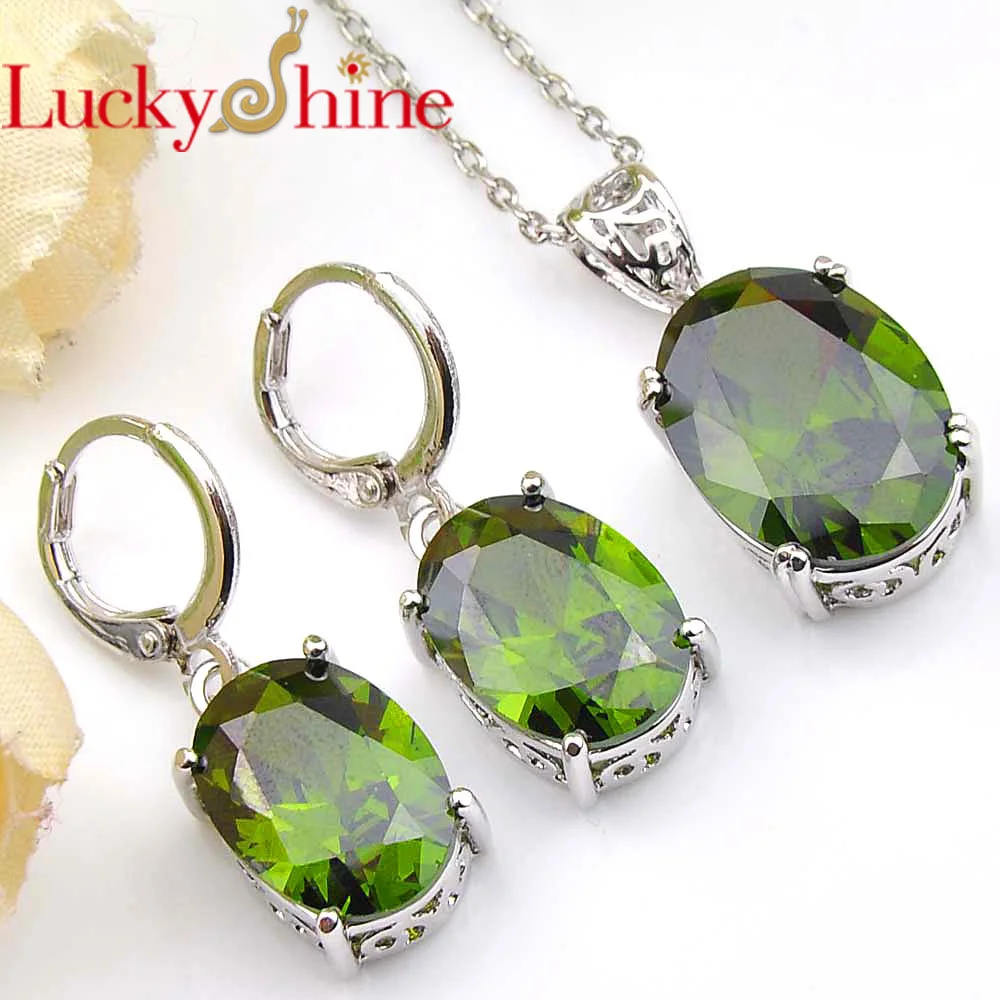 

Luckyshine Holiday Gift Oval Fire Olive Peridot Crystal Cubic Zirconia 925 Silver Pendants Necklaces Drop Earrings Jewelry Sets