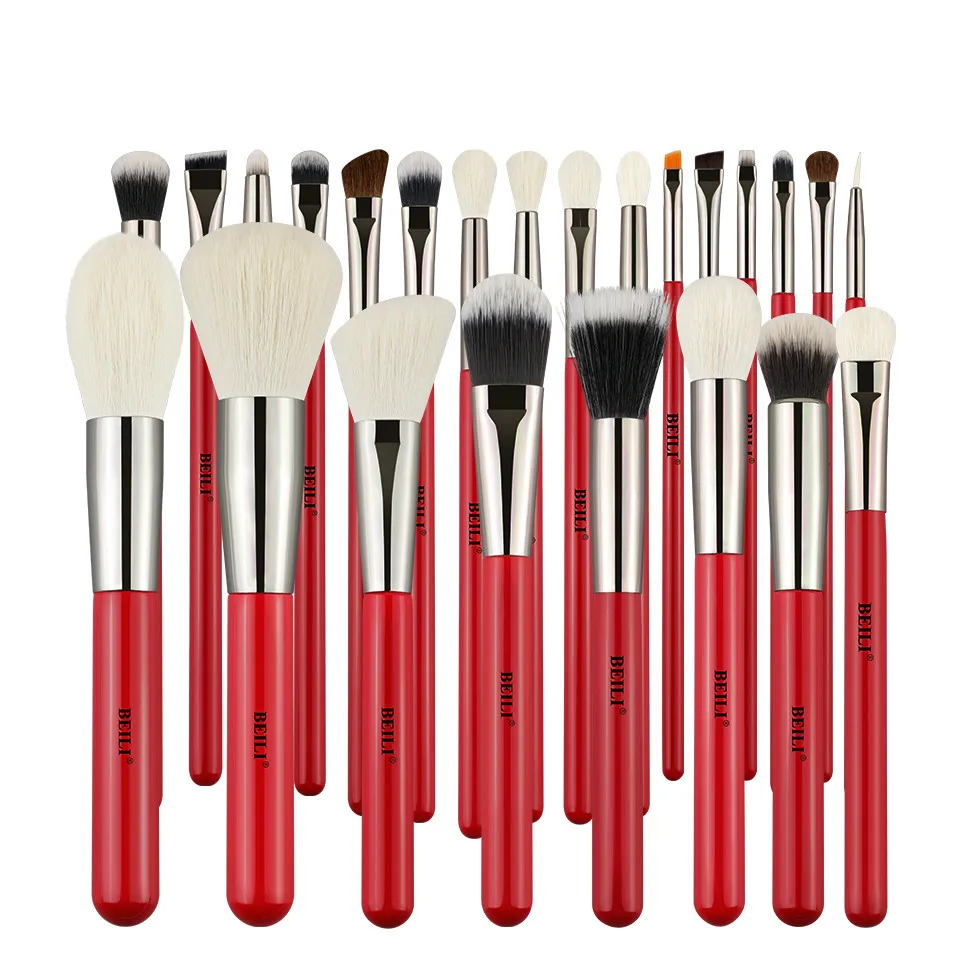 

BEILI Red 24pcs Professional Makeup Brushes Set Natural Hair Powder Cream Foundation Blusher Eye blending brow Lip Eyeliner