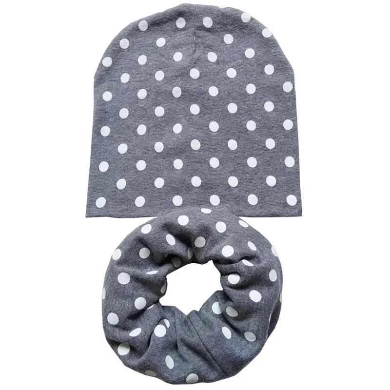 Grey Dots Set Новая осенне-зимняя детская шапка, комплект для мальчиков и девочек, шарф на шею, весенний теплый шейный платок, детские вязаные шапки, комплекты, хлопковая детская шапка, шарф - Цвет: Grey Dots Set