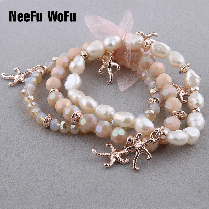 

Bracelets 8mm Natural Pearl Crystal Bracelet Charm Woman Beaded Bracelet Starfish Multi-turn Bracelet