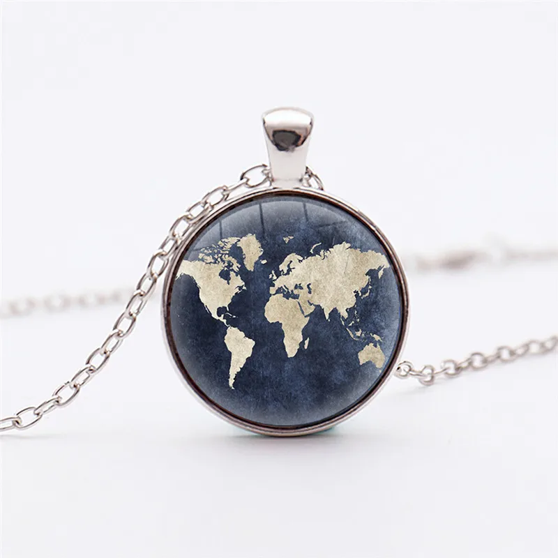 

Vintage Globe Necklace Planet Earth World Map Art Silver Plated Pendant Earth Print Glass Necklaces Birthday Gifts