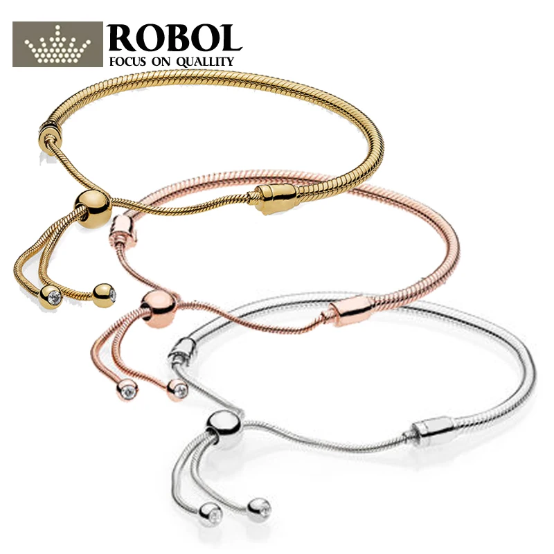 

ROBOL 100% 925 Sterling Silver New Rose Gold 18K Gold Golden Glitter Instant Slide Bracelet