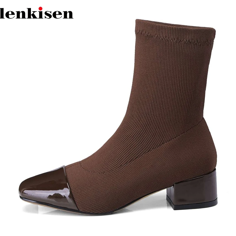 

Lenkisen 2018 genuine leather knitting streetwear short boots winter elegant women design British school preppy ankle boots Lcf6